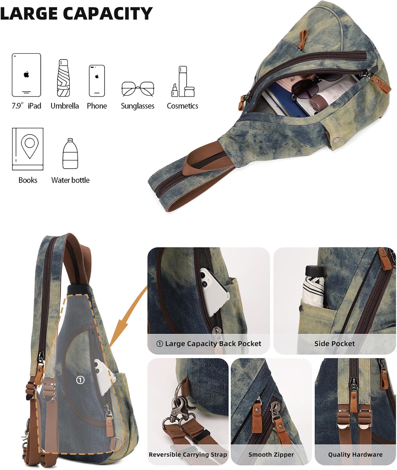 KL928 Canvas Sling Bag - Small Crossbody Backpack Shoulder Casual Daypack Rucksack for Men Women(Large Version)