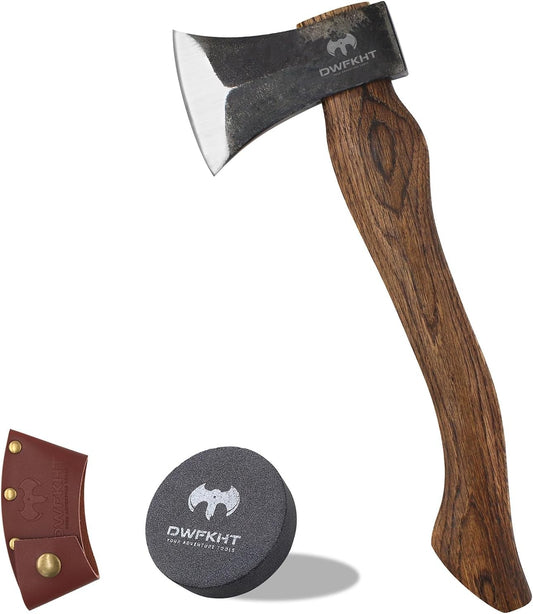 15.3" Hatchet, Splitting Axe with 1065 High Carbon Steel, Camping Hatchet with Beech Wooden Handle and Leather Sheath, Chopping Axe for Wood Splitting and Kindling