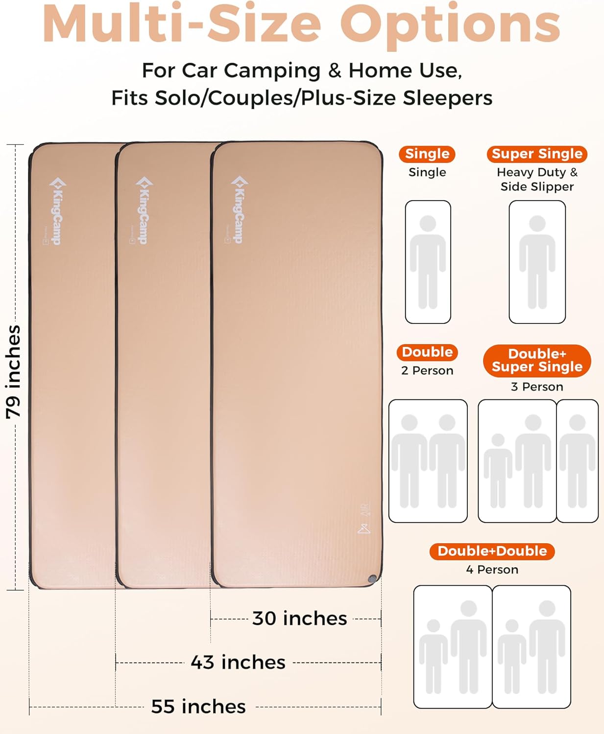 Kingcamp FLEXIREST 5.0 Sleeping Pad for Camping, PVC-Free Air Inflatable High Support Compact Camping Mattress with Pump Sack for Glamping Tent Cot Car Travel, Double