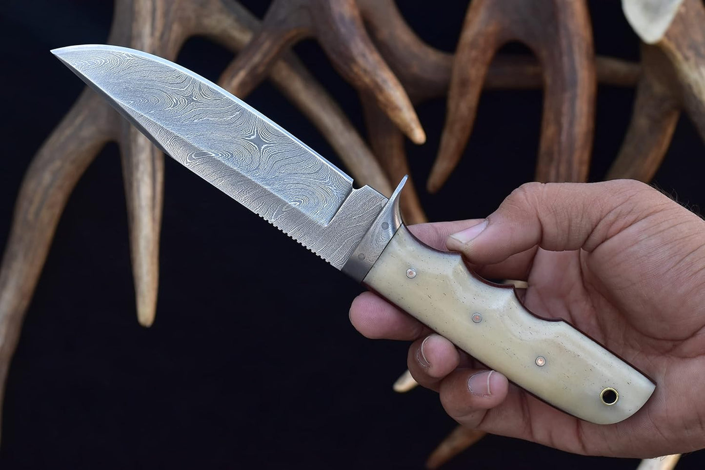 Knives Ranch 9-1/2" Handmade Hunting Knfie - Full Tang Camping Knife - Damascus Bushcraft Knife - Cattle Bone Handle - Heavy-duty Leather Sheath (2151-B)