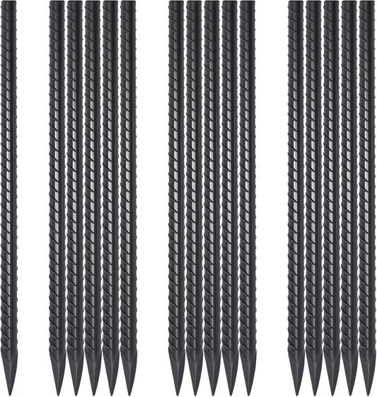 16 Inch Rebar Stakes 16 Pack Heavy Duty 3/8 Inch Diameter Ground Anchors, Landscpe Timber Spikes with Chisel Point End, Straight Metal Stakes for Concrete Forming, Garden Plant, Camping Tent, Black
