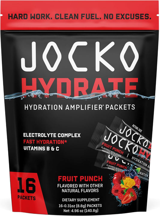 Jocko Fuel Hydrate Electrolytes Powder Packets Low Sugar - Hydration Amplifier Packets for Recovery, Dehydration, & Exercise - with Vitamins B6, B12 & C (16 Packets) Fruit Punch