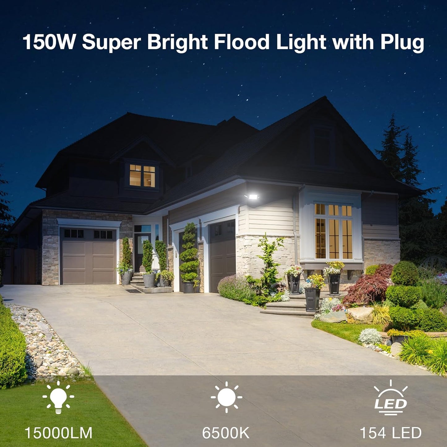 150W LED Flood Light Outdoor Plug in, Exterior Flood Lights with 3 Adjustable Heads, 15000LM Super Bright Security Lights Fixture, Outside Floodlights for House,Backyard,Garage