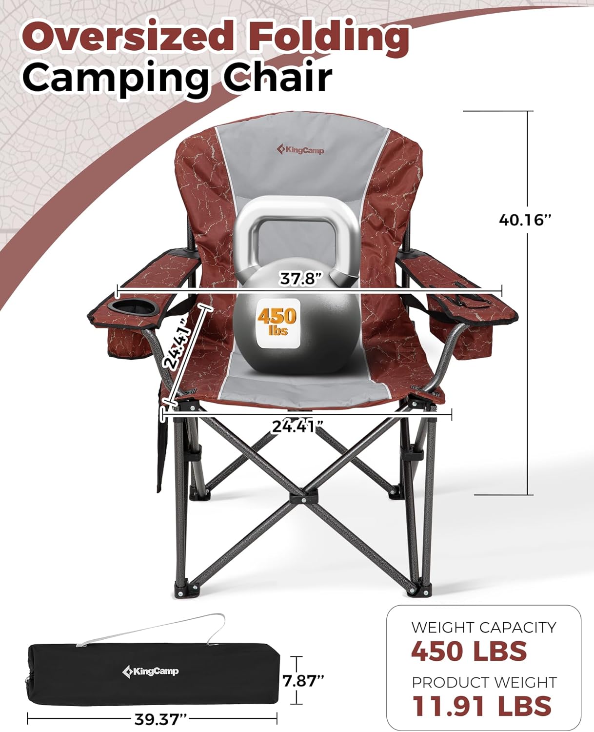 KingCamp Oversized Camping Folding Chair, Heavy Duty 450 LBS with Lumbar Support, Padded seat with Cup Holder&Cooler Bag, Ideal for Camp, Fishing, Sports Event, Backyard, Patio, Lawn
