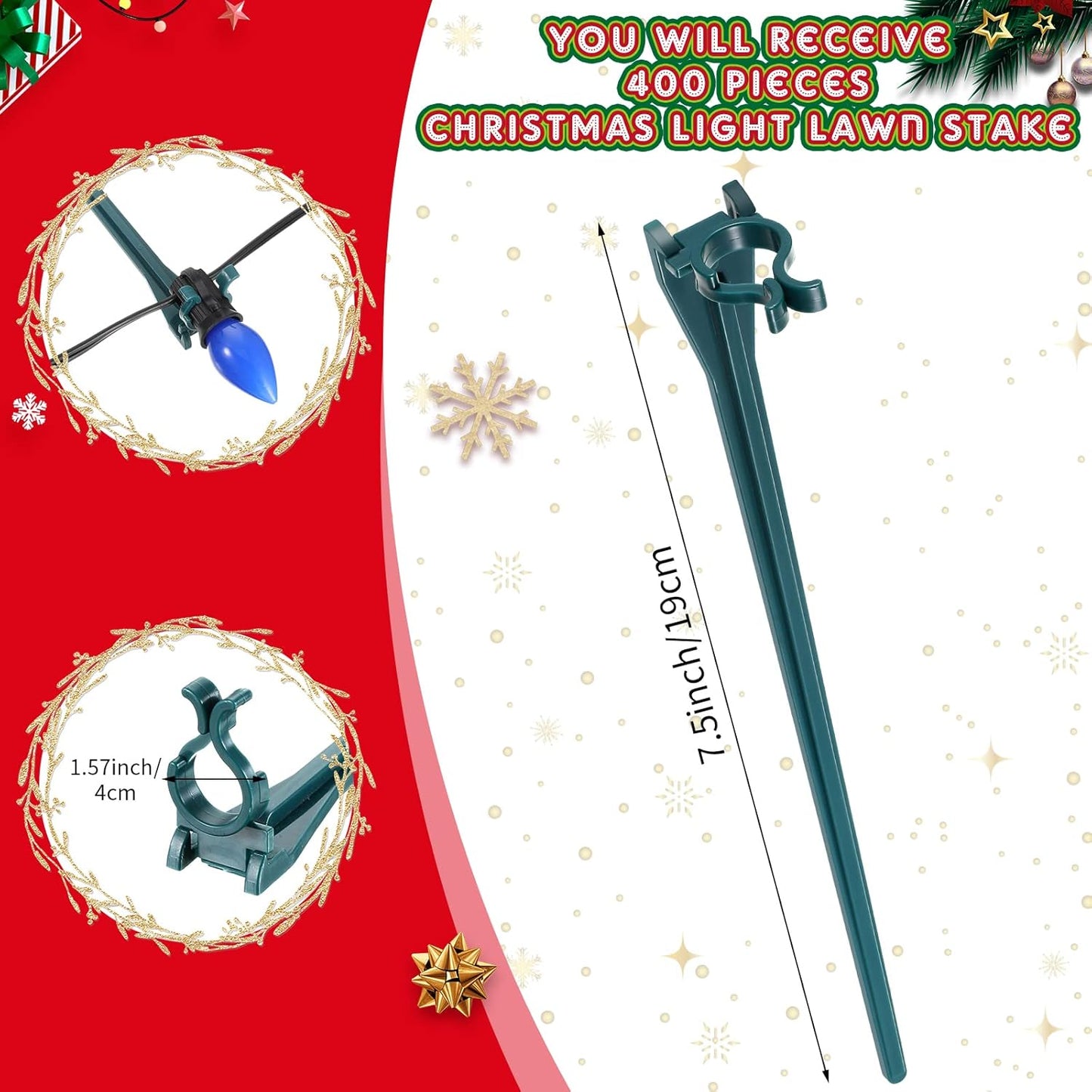 Jetec 800 Pieces Christmas Light Stakes Universal Yard Lawn Holiday 7.5 Inches Light Ground Stakes for C7 C9 String Lights Christmas Outdoor Lights Holders on Yards, Driveways (Green)