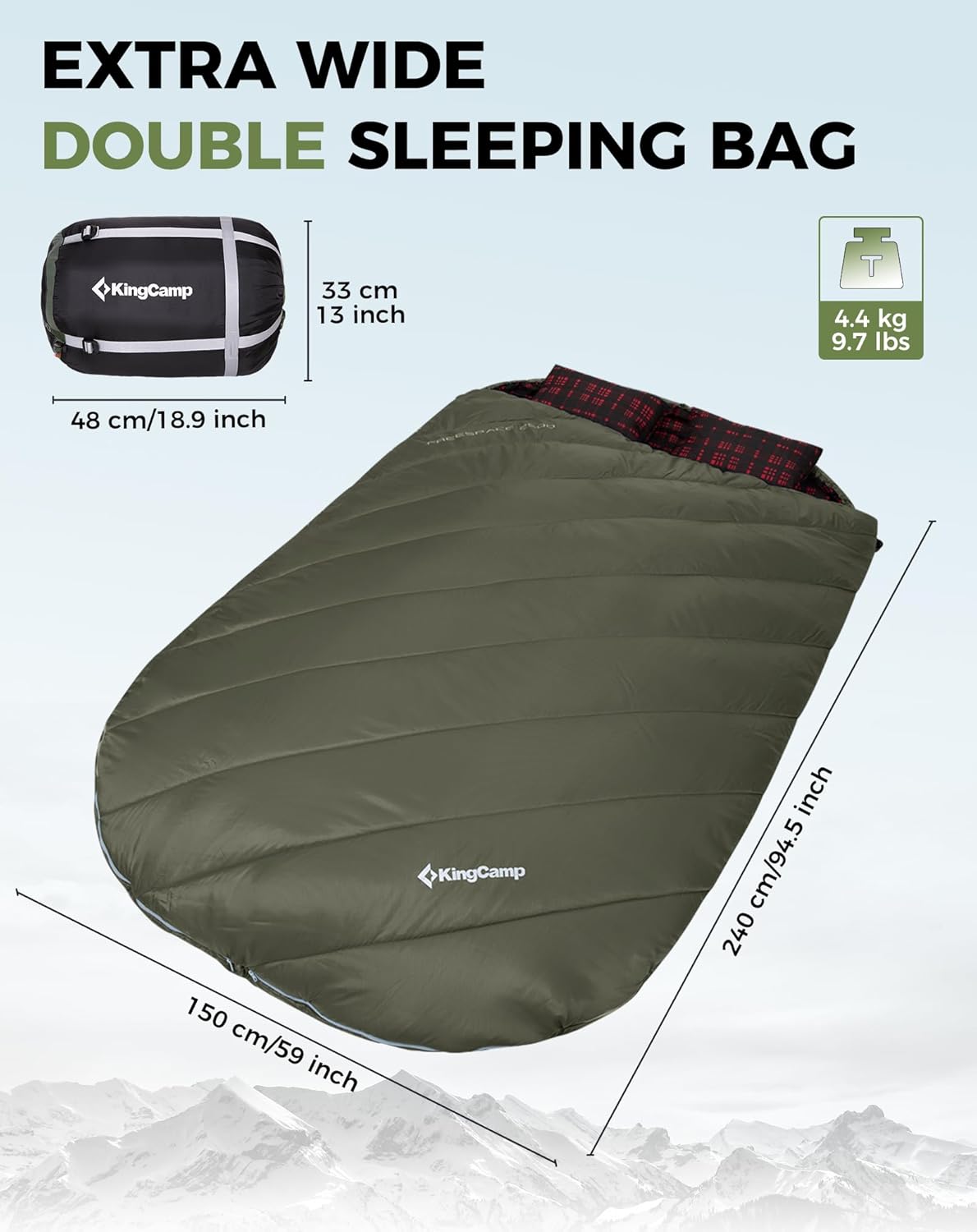 KingCamp Double Sleeping Bag for Adults, Queen Size 2 Person XXL Flannel Sleeping Bag, Waterproof Lightweight Flannel Quilt with 2 Pillows, Perfect for Couples Family Camping Hiking