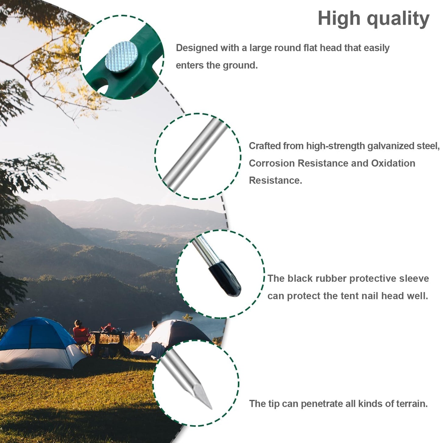 10PCS Tent Stakes Heavy Duty Camping Tent Stakes 7Inch Non-Rust Metal Tent Pegs with 10pcs Rubber Protective Sleeve (Green)