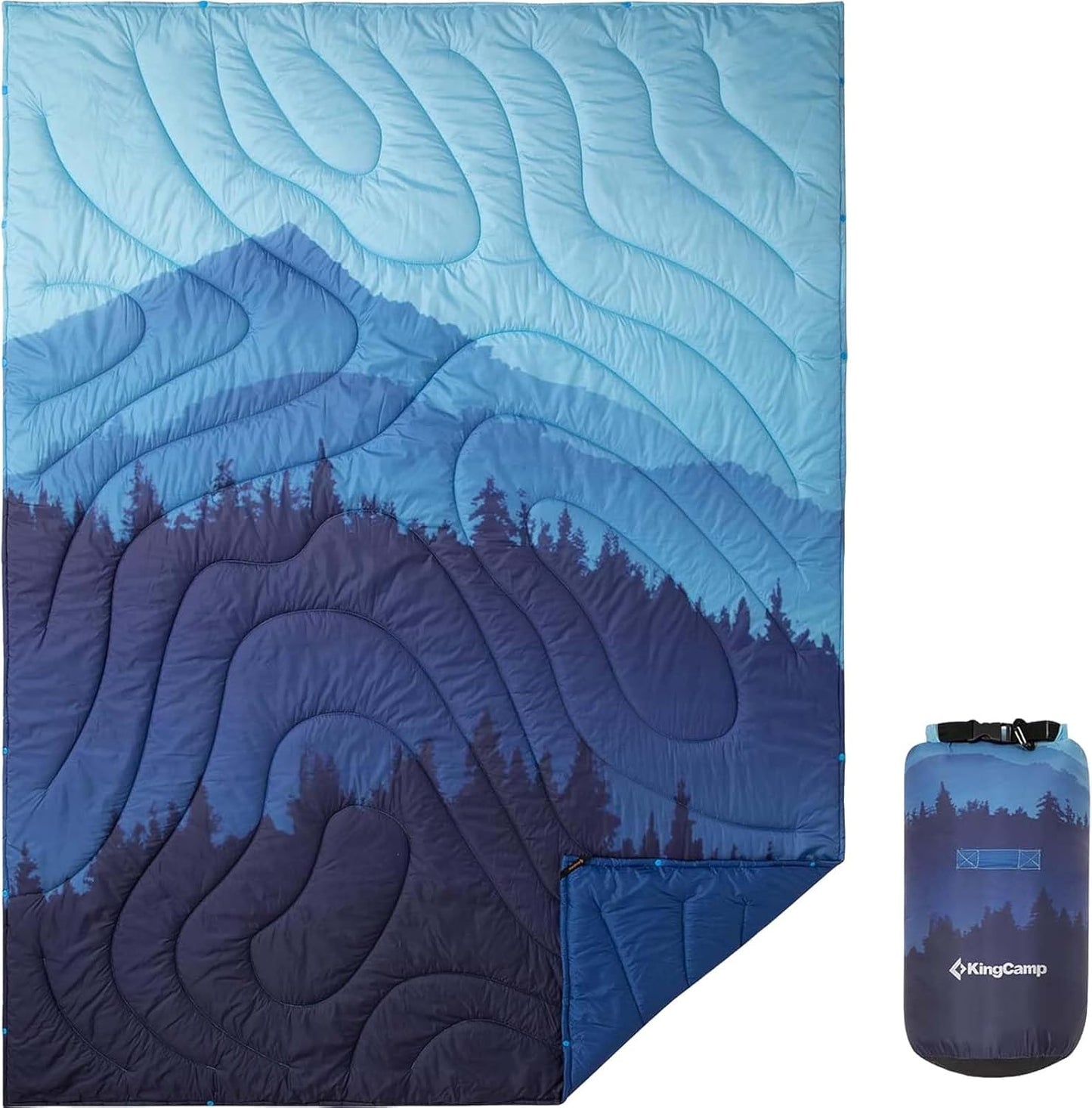 KingCamp Ultralight Camping Blanket, Packable Down Alternative Puffy Printed Wearable Blanket with Snap Buttons & Corner Loops Weatherproof Quilt for Outdoor Travel Stadium (79" x 57", Forest)