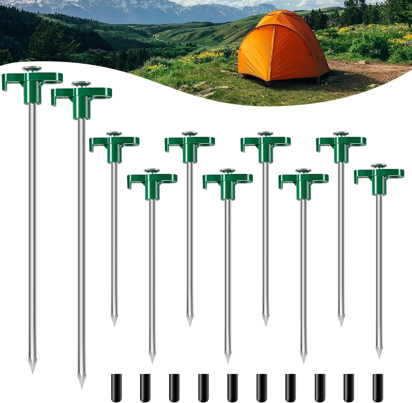 10PCS Tent Stakes Heavy Duty Camping Tent Stakes 7Inch Non-Rust Metal Tent Pegs with 10pcs Rubber Protective Sleeve (Green)