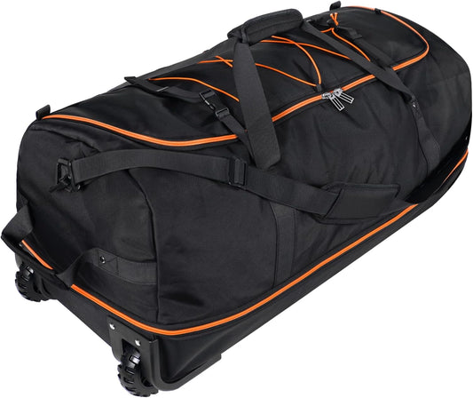 110L/140L Expandable Soft-Sided Foldable Duffle Bag with 2 Rubber Wheels,Packable 32” Rolling Carry-On with Multi-Pockets & Compartments,Black Orange