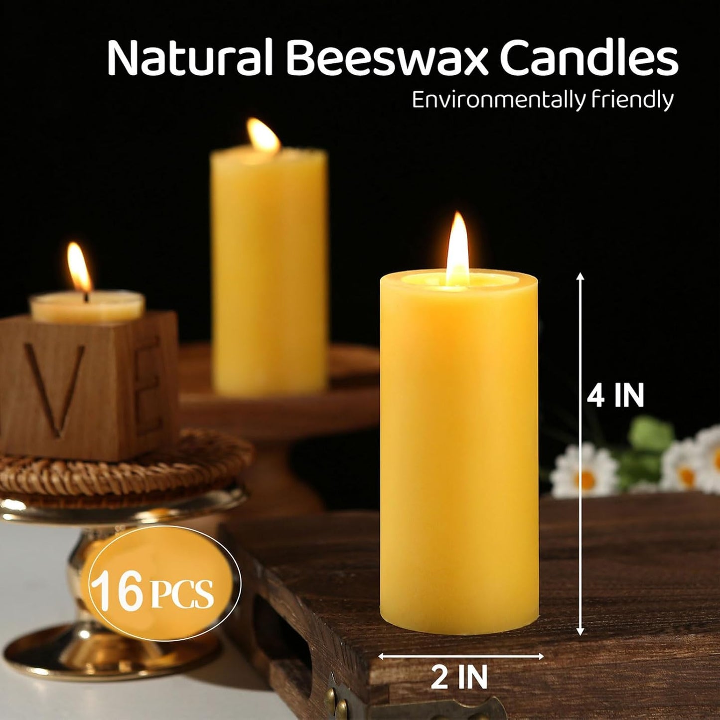 16 Pack Natural Beeswax Pillar Candles,560 Hours Long Burning Bees Wax Candle for Home,Prayer,Emergency,Dripless Smokeless Organic Beeswax Candles Bluk 2x4in