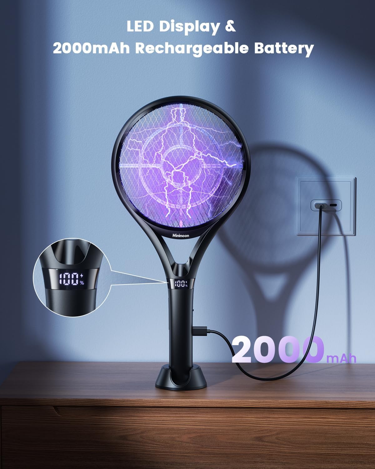 Minimoon 2Pack Electric Fly Swatter with LED Display, 2000mAh Rechargeable Fly Swatter Racket, 2500V Bug Zapper Racket Dual Modes, Mosquito Killer Lamp with 3 Layers Safety Mesh for Indoor Outdoor