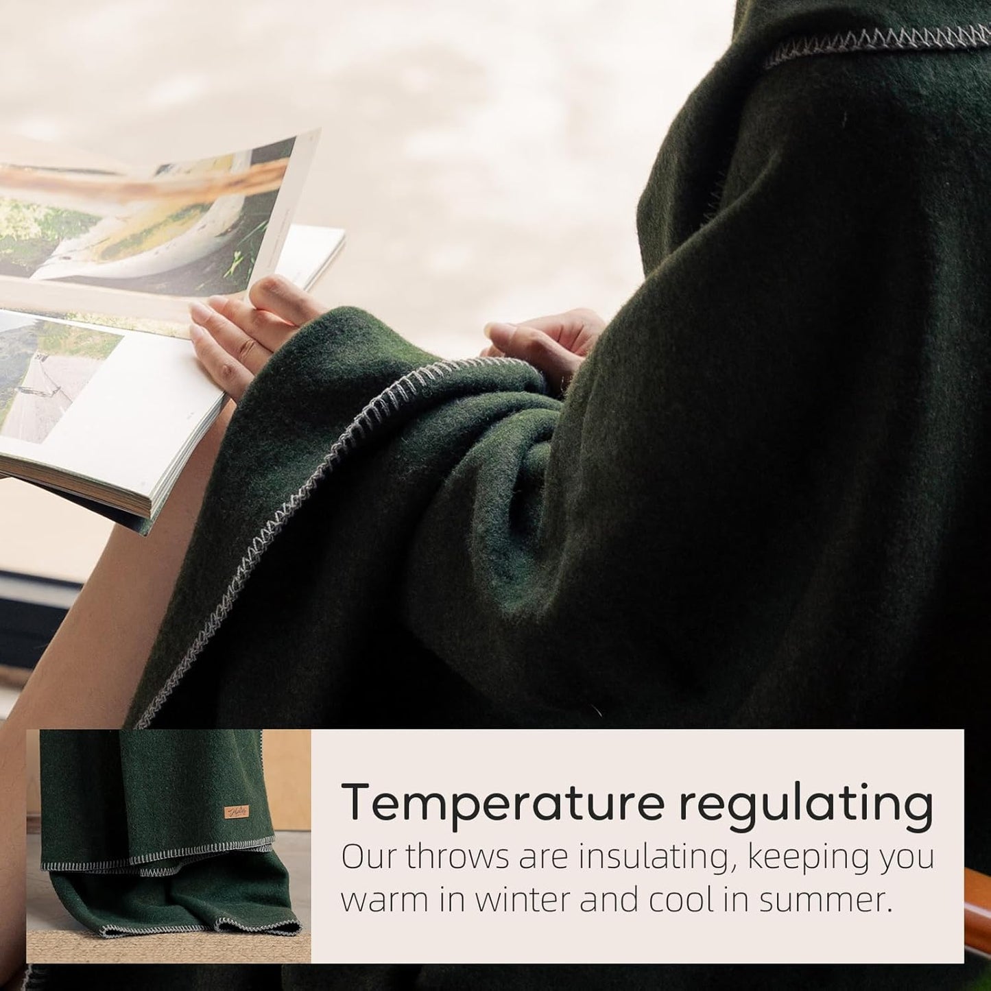 100% Wool Blanket, 48" x 62", Warm, Thick, Washable, Military Wool Blanket, Great for Camping, Outdoors, Sporting Events, Survival Kits，Olive Green