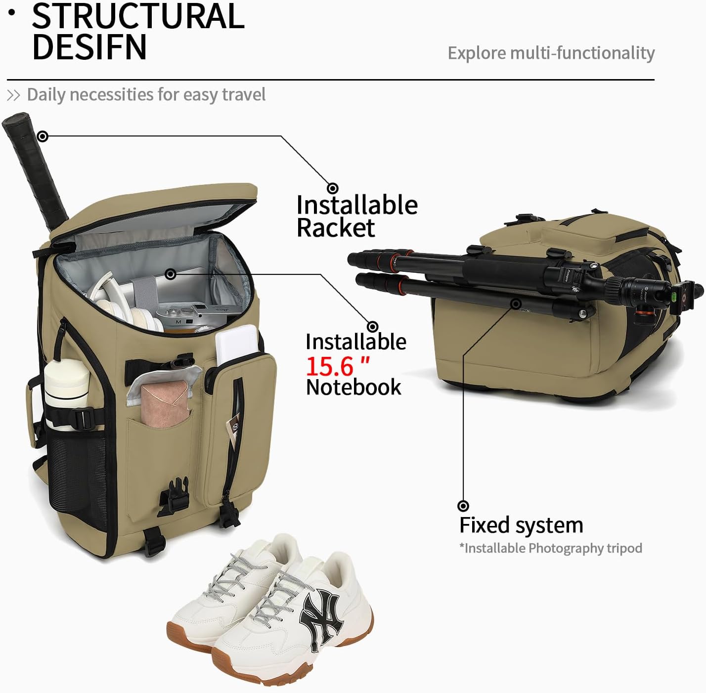 Kalesi Gym Duffle Tennis Bag Backpack 4-Way Waterproof with Shoes Compartment for travel Sport Hiking laptop (Wood color)