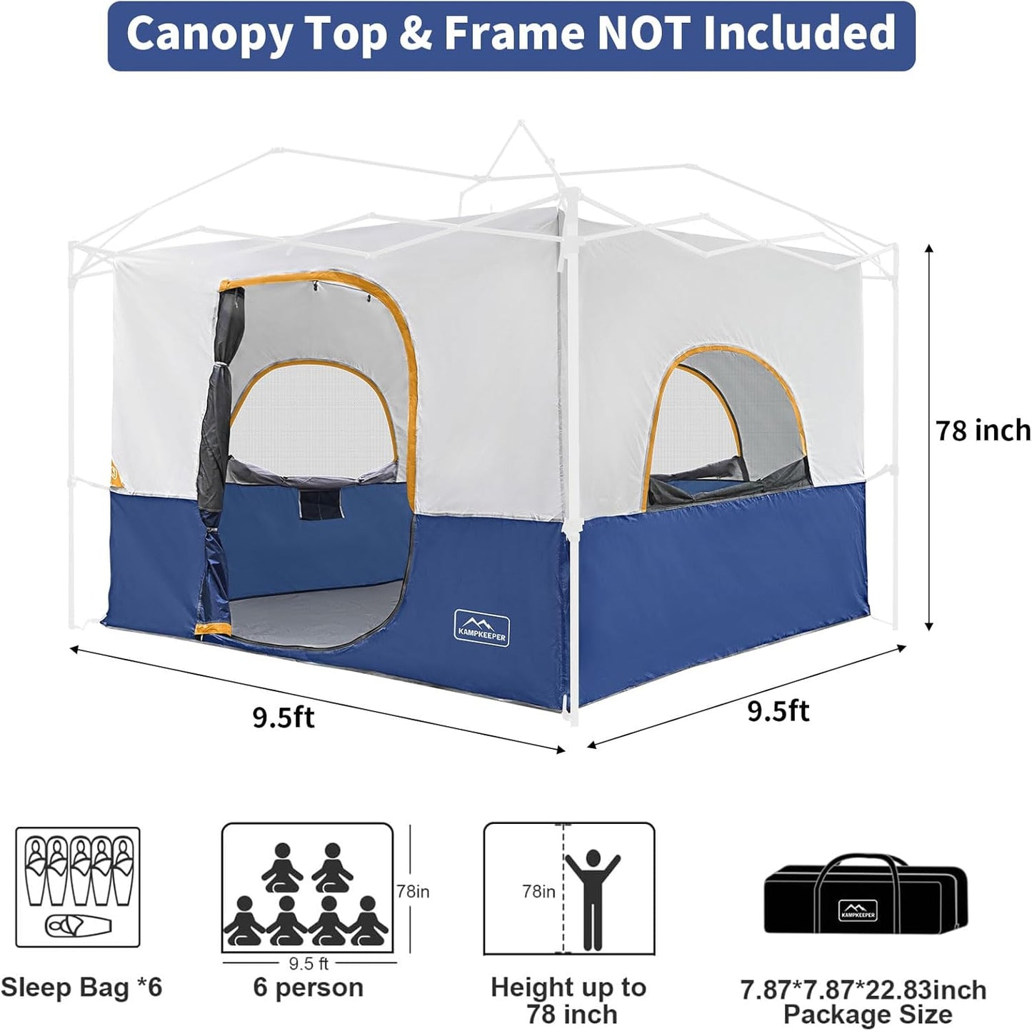 KAMPKEEPER Camping Inner Tent for Pop Up Canopy, Converts 10'x10' Straight Leg Canopy into Camping Tent–Fully Vented Roof(Top & Frame NOT Included), Navy Blue