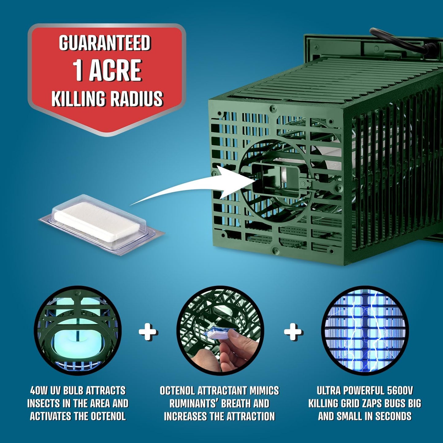 Flowtron Bug Zapper, 1 Acre of Outdoor Coverage with Powerful 40W Bulb & 5600V Instant Killing Grid, Electric Insect, Fly & Mosquito Zapper, Made in The USA - Green Color