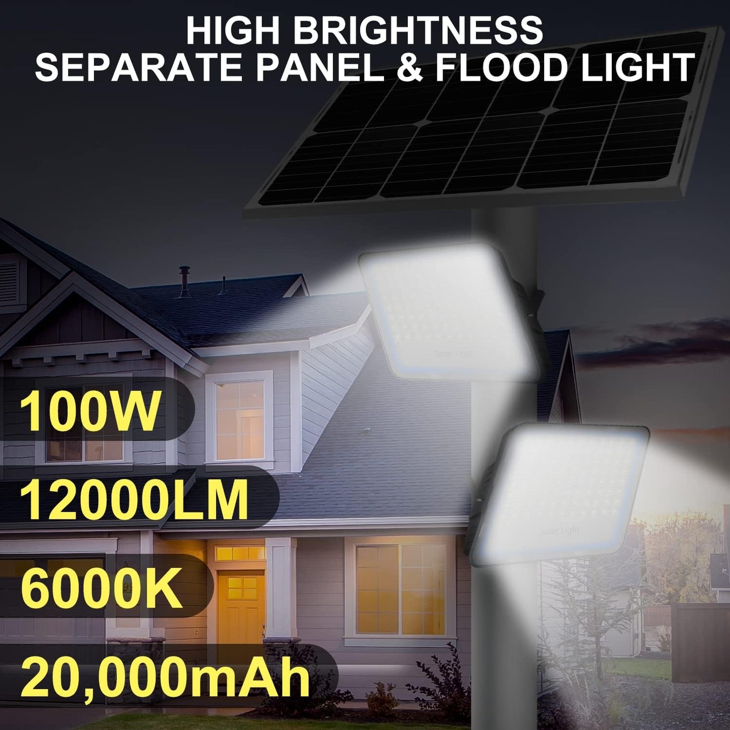 100W 12000LM Solar Flood Light Outdoor with Separate Panel, Dusk to Dawn & Motion Sensor Solar Street Lights Outdoor with Flash Warning for Garden, Yard Pathway, 2 Light Fixture for Wider Light Range