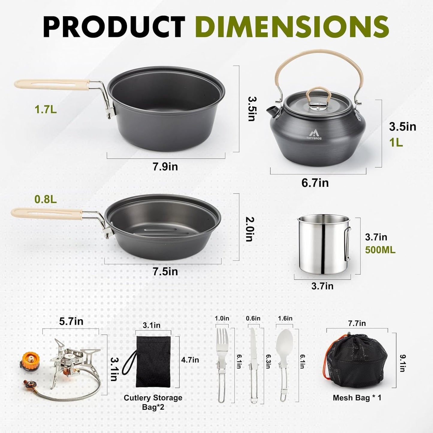 17pcs Camping Cookware Kit, 0.45Gal Pot, 7inches Pan,0.30Gal Kettle Set with 2 Set Stainless Steel Cups Plates Forks Knives Spoons for Hiking