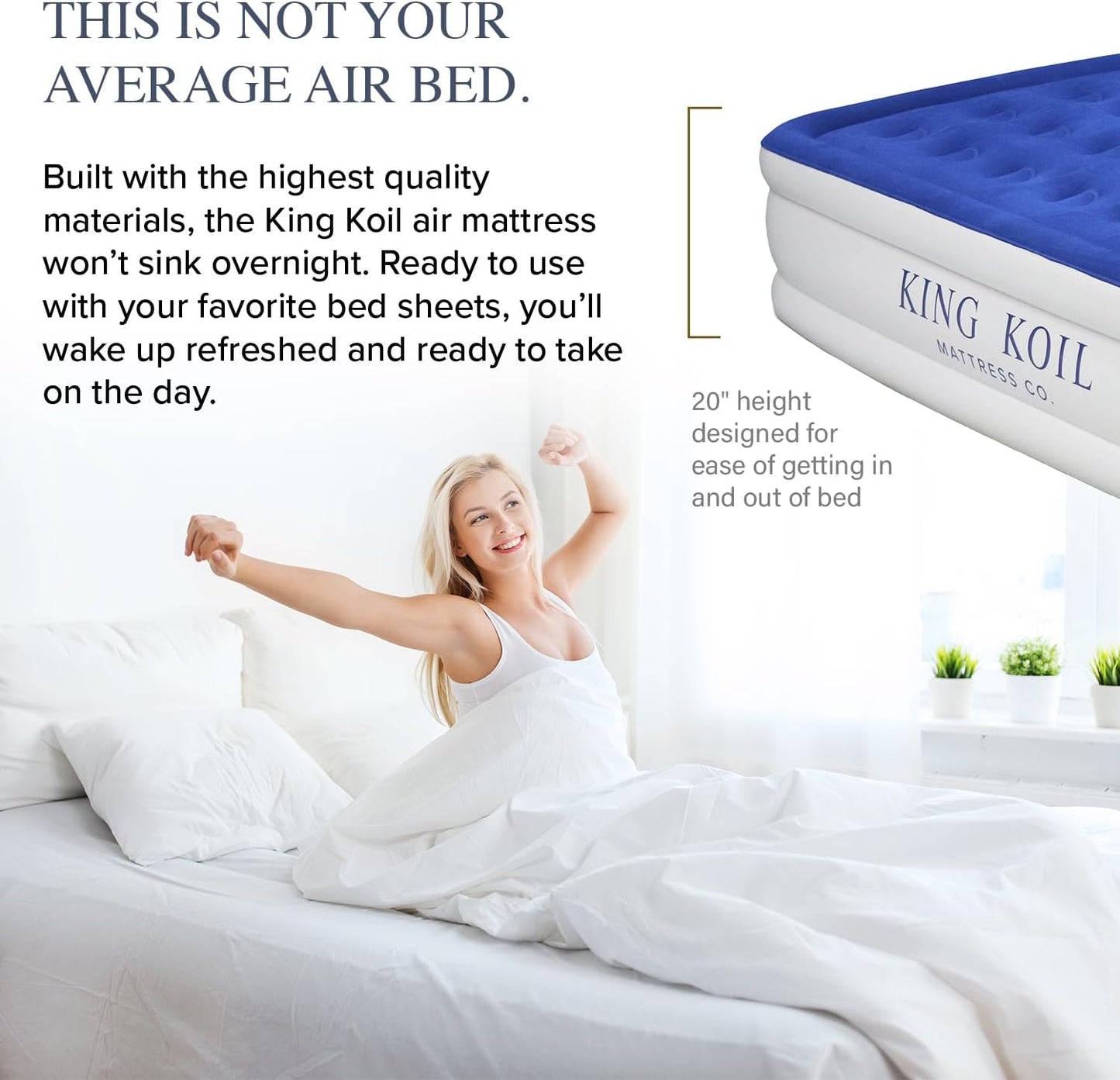 King Koil Luxury Queen Air Mattress with Built-in Pillow & Ultra-Fast Built-in High-Speed Pump, 20″ Inflatable Premium Airbed, Waterproof, Adjustable Firmness, 1-Year Manufacturer Warranty