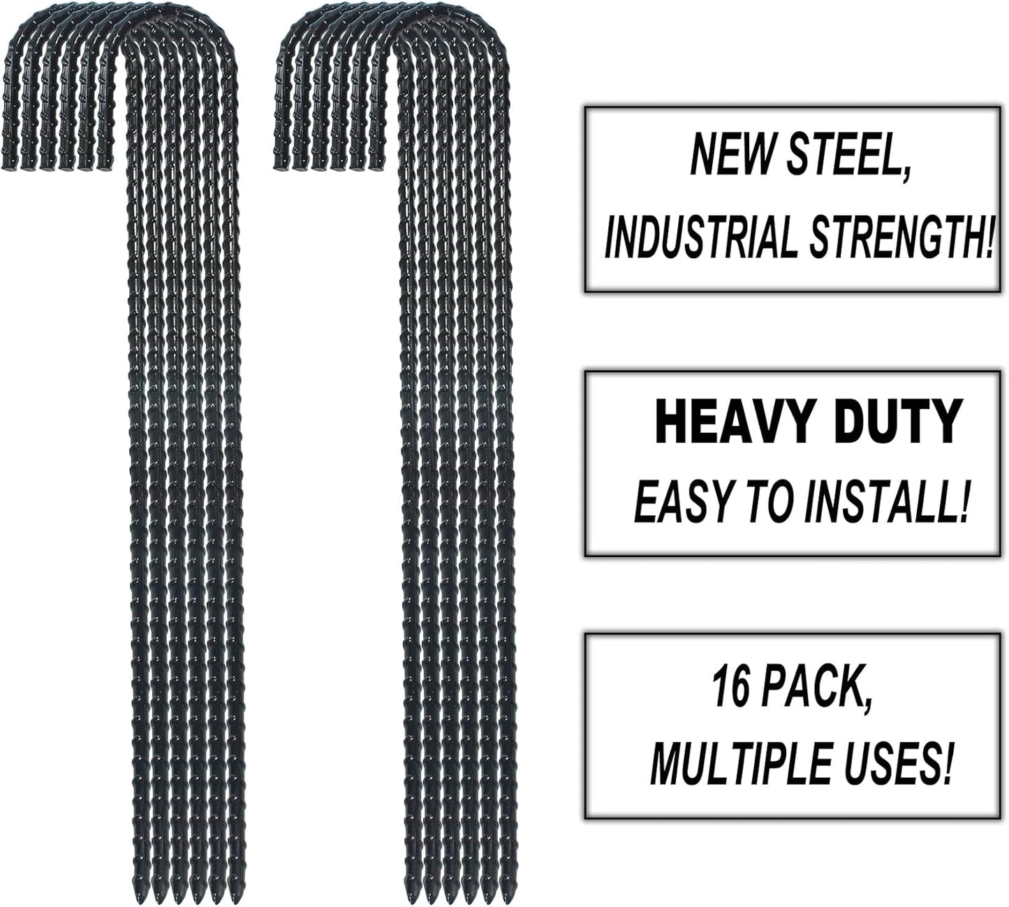 16 Inch Ground Rebar Stakes, J Hook Extra Heavy Duty Rust Proof Coated Steel Ground Anchors with Chisel Point End for Camping Tent and Canopy Tent (16)