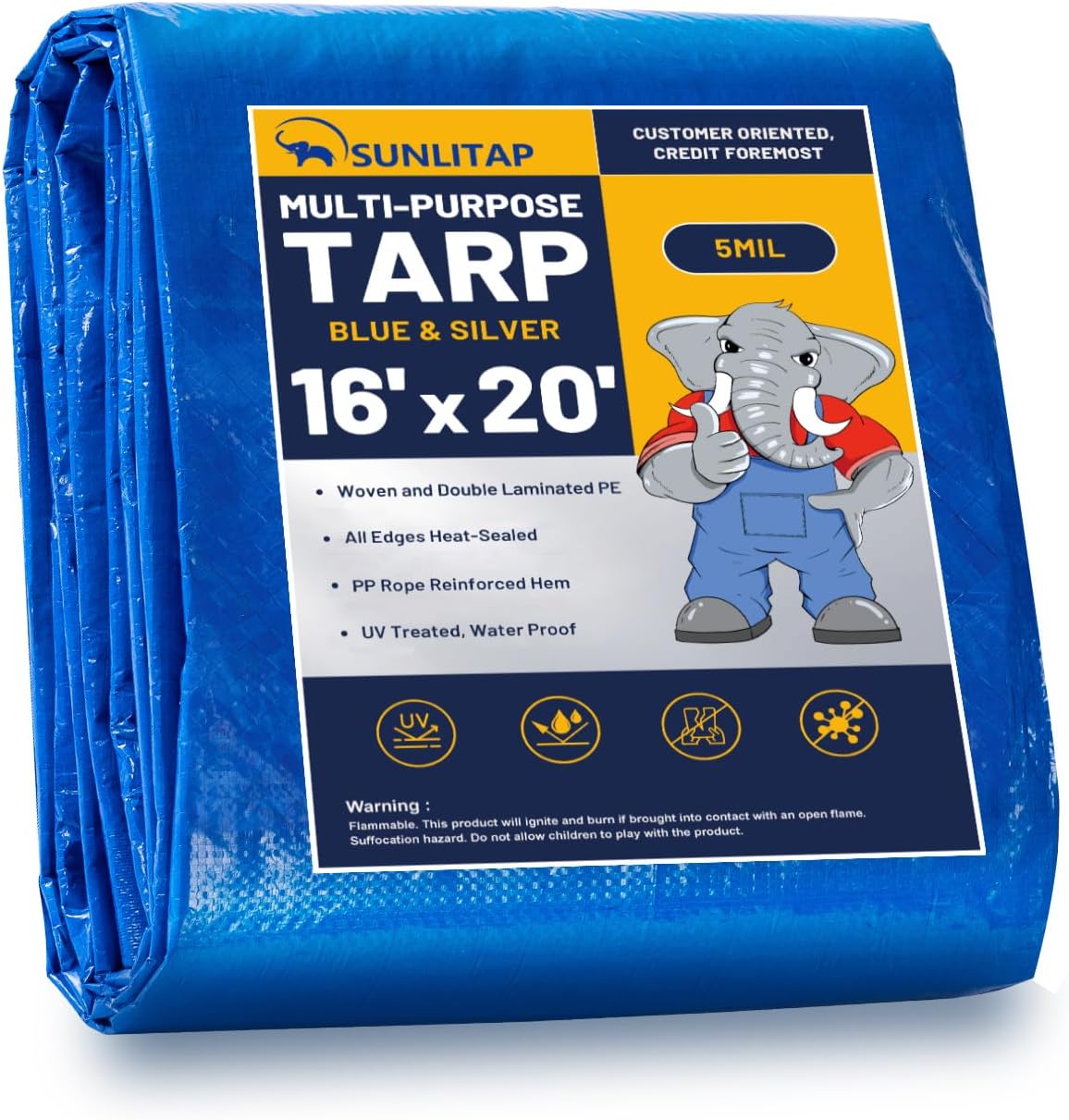 16x20Ft Tarp Cover 5 MIL Waterproof Poly Tarps, Light Duty Tarpaulin with Grommets, Reinforced Edges, Rip & Tear Proof, Multipurpose Finished Size Tarp for Cars, Boat, Roof, Camping - Blue