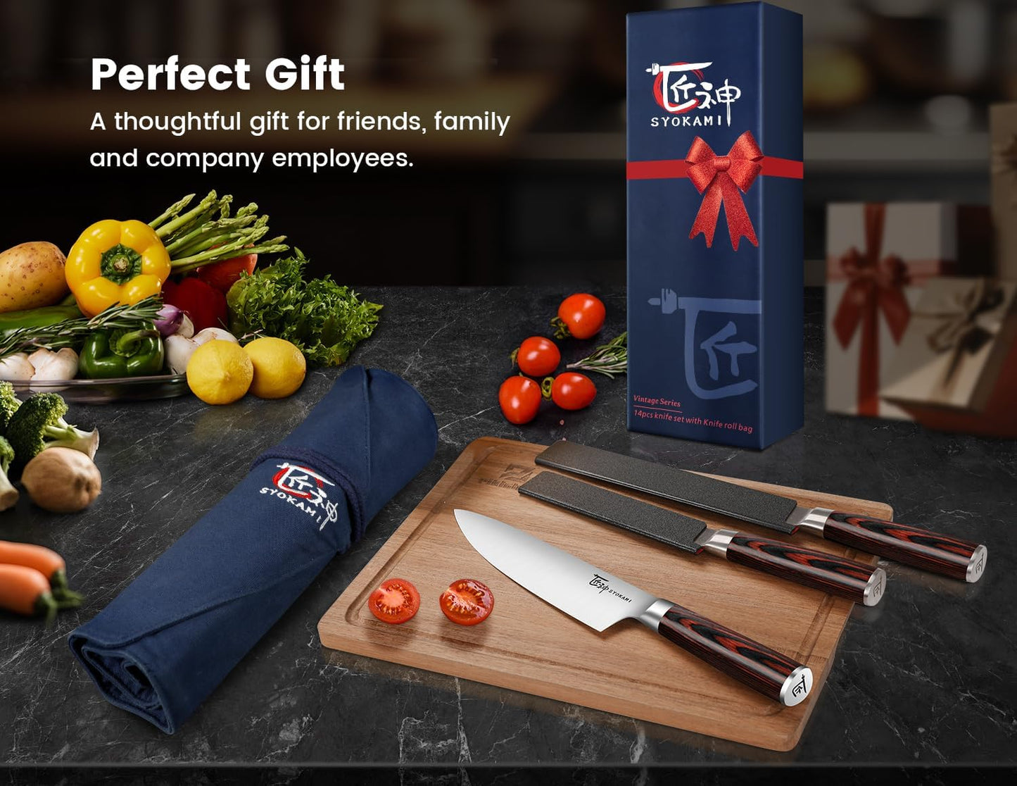 14pcs Chef Knife Set with Roll Bag, Professional Stainless Steel Japanese Knife Set with Pakkawood Handle for Professional Chef, Camping, Travel, BBQ, RV or Gift Blue