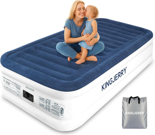 KINGJERRY Twin XL Air Mattress with Built-in Pump, 18" Raised Comfort, Upgraded 80" Length, Dual-Layer Leakproof, Support 500 lbs, 2 Min Inflation, Inflatable Blow-up Bed for Home Camping Guests