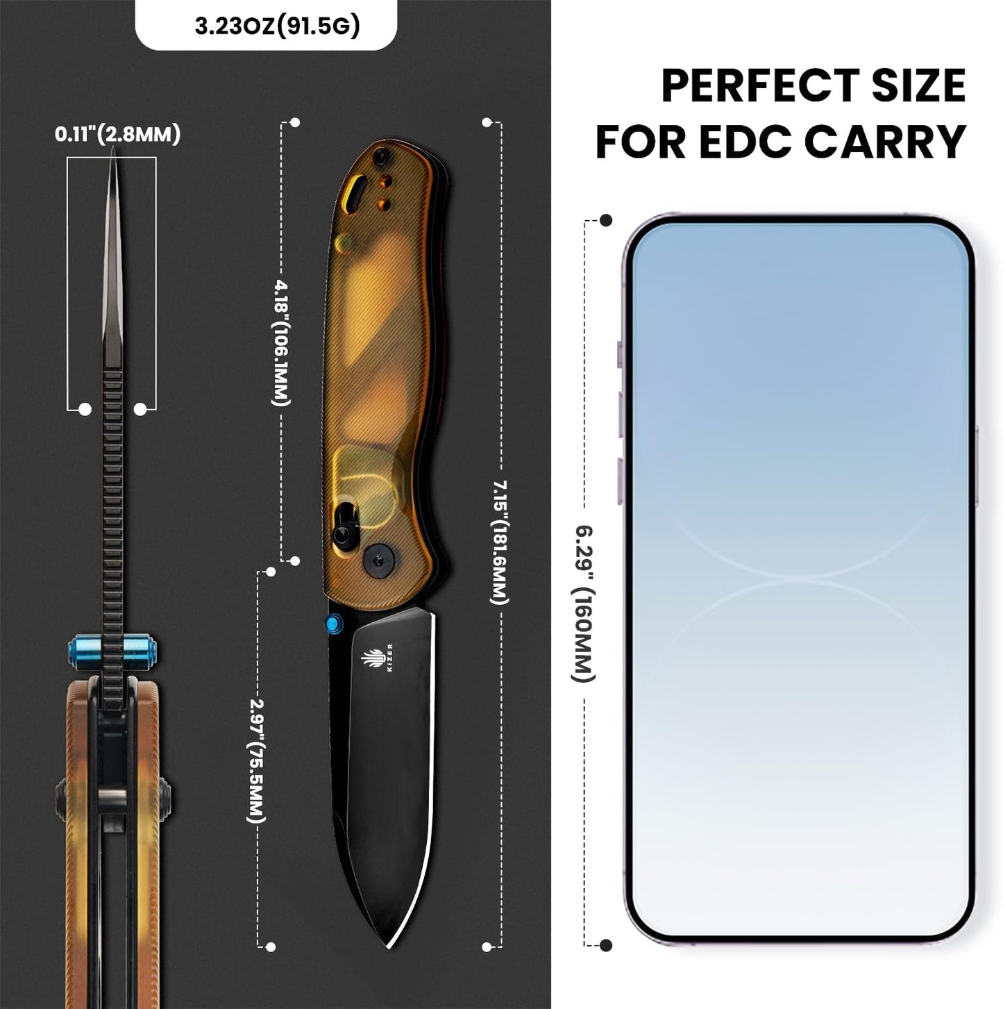 Kizer Drop Bear EDC Pocket Knife, 2.98” Nitro-V Steel Blade PEI Handle Folding Knife with Thumb Stud Opener, Clutch Lock Knife for Men Women Gift V3619A2