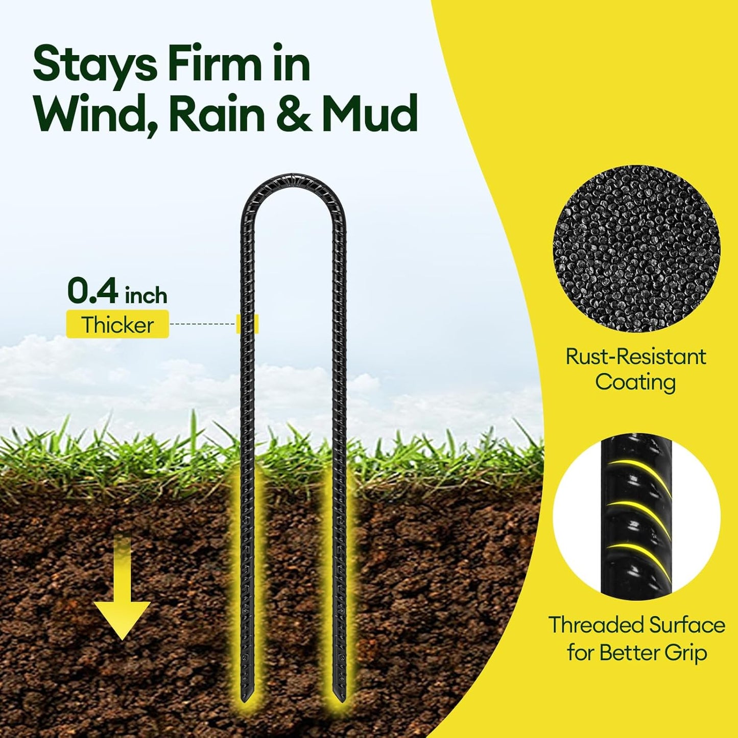 12 Inch Rebar Stakes Heavy Duty 10 Pack, U Shaped Ground Stakes, Galvanized Steel Trampoline Stakes, Tent Anchor Kit Anti-Rust, Drip Hose Wind Stakes, Black