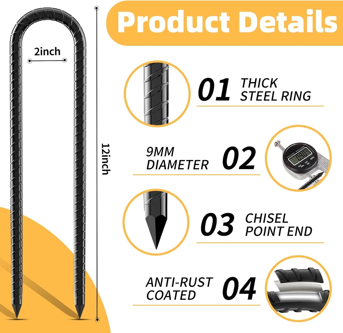 12inch Rebar Stakes, 4 Pack U Hook Ground Anchors, Heavy Duty Rust Proof Coated Steel Ground Stakes Ground Anchors, Garden Stake Metal Stakes Tent Stakes Trampoline Anchors Trampoline (Black)