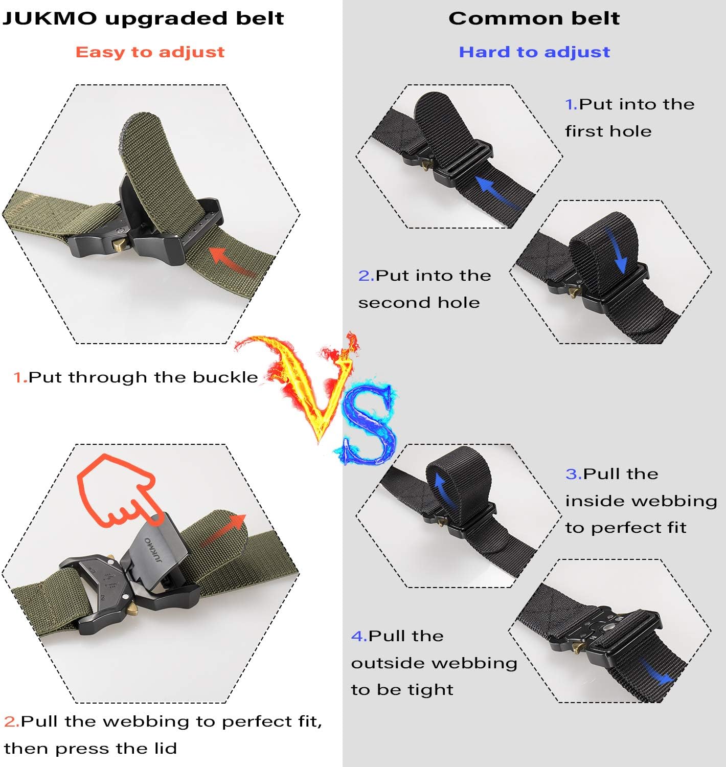 JUKMO Tactical Belt, Military Hiking Rigger 1.5" Nylon Web Work Belt with Heavy Duty Quick Release Buckle