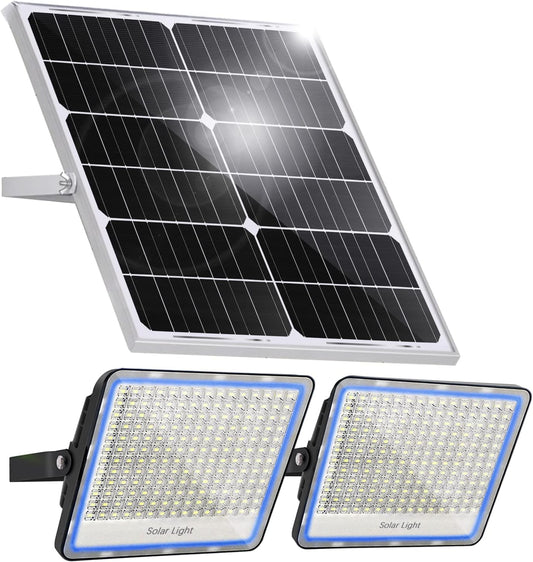 100W 12000LM Solar Flood Light Outdoor with Separate Panel, Dusk to Dawn & Motion Sensor Solar Street Lights Outdoor with Flash Warning for Garden, Yard Pathway, 2 Light Fixture for Wider Light Range