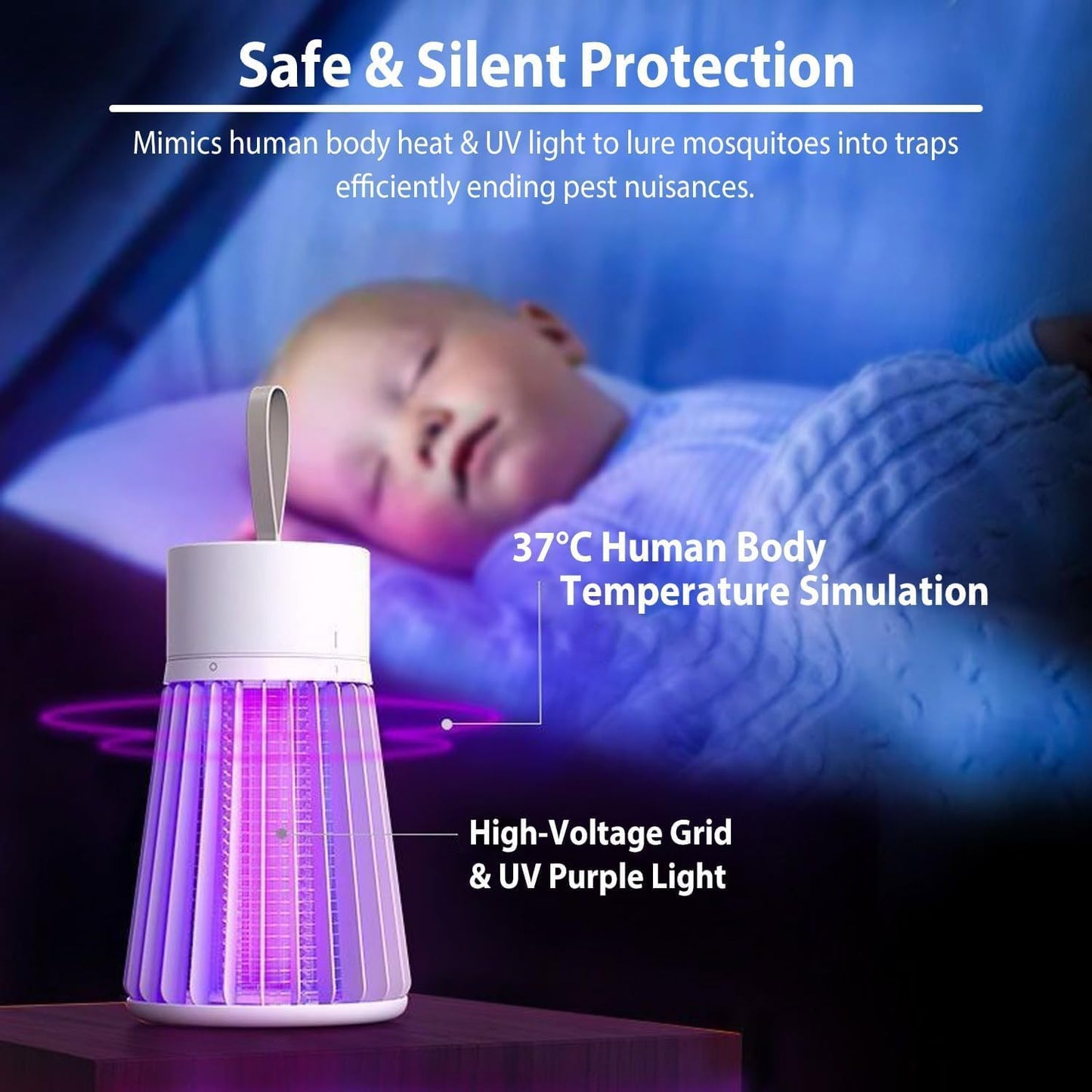 Bug Zapper Rechargeable, Hangable Mosquito Killer Lamp - Portable UV Insect Gnat Trap for Outdoor/Indoor, USB-Powered with Grid for Camping, Bedroom, Patio, Kitchen