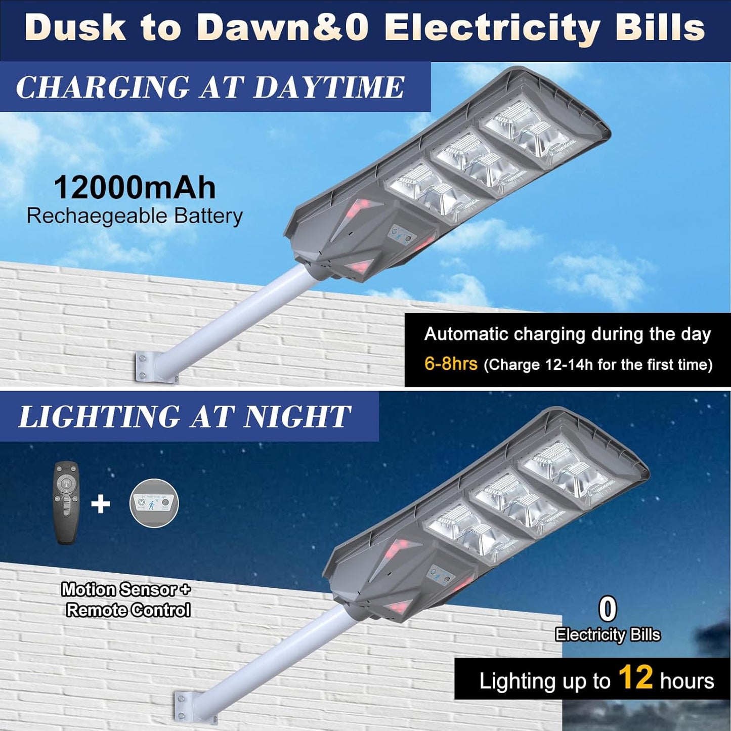 10000LM Solar Street Light Aluminium Outdoor Light, Motion Sensor Waterproof Solar Power Wall Patio Flag Lights for Garden Yard Garage with Remote (1000W)