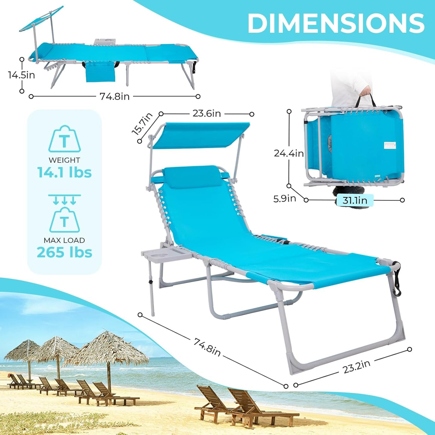 #WEJOY 4 in 1 Tanning Chair with Face Hole & Canopy & Side Table, 5 Positions Adjustable Folding Waterproof Facedown Chaise Lounge with Pillow Quick Dry for Beach Pool Outdoor Camping Patio (Blue)