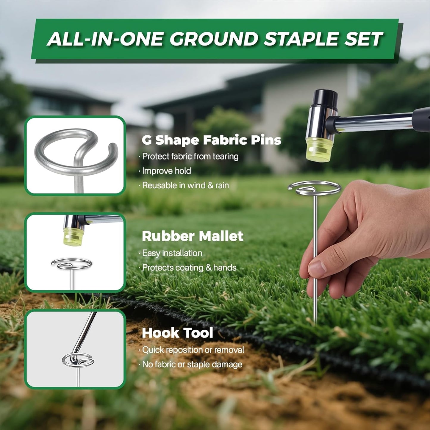 100pcs Landscape Fabric Pins, Heavy Duty Galvanized Landscape Staples Weed Barrier Stakes Lawn Staples with Staples Remover Mallet Yard Stakes Staples for Lawn Edging Ground Cover Outdoor Gardening