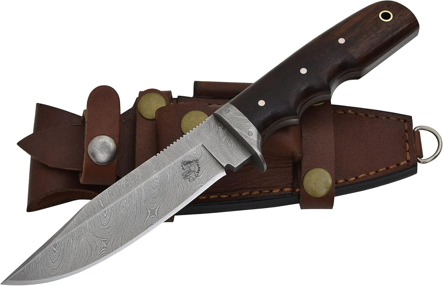 Knives Ranch 9-1/2" Handmade Hunting Knife- Full Tang Damascus Bushcraft Camping Knife- Rosewood Handle-Heavy Duty Leather Sheath (2151-IRW)