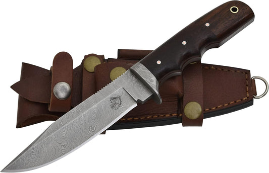 Knives Ranch 9-1/2" Handmade Hunting Knife- Full Tang Damascus Bushcraft Camping Knife- Rosewood Handle-Heavy Duty Leather Sheath (2151-IRW)