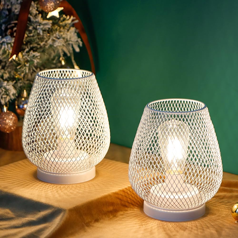 JHY DESIGN Set of 2 Metal Cage LED Lanterns Battery Powered Cordless Accent Light with LED Great for Weddings Parties Patio Events for Indoors Outdoors(White)