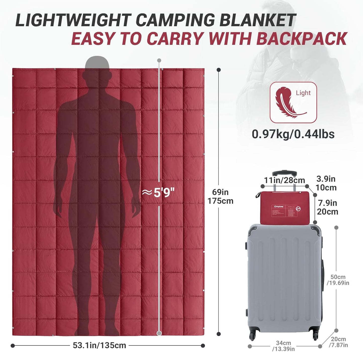 KingCamp Ultralight Camping Blanket, Packable Down Alternative Puffy Wearable Blankets Weatherproof Warm Package Quilt with Snap Buttons for Outdoor Hiking Travel, Picnic Stadium, (69" x 53" Crimson)