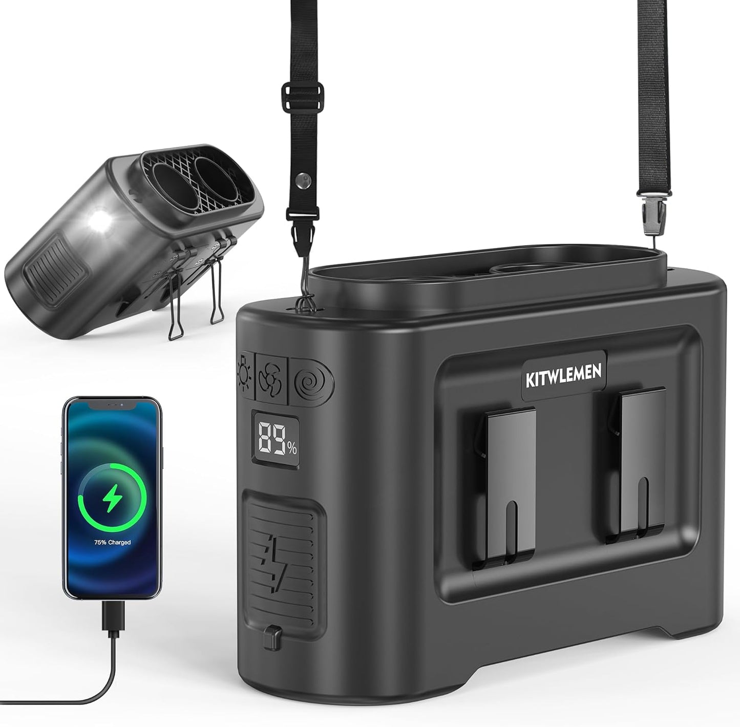 KITWLEMEN 14500mAh Portable Waist Fan - Personal Clip on Belt Fan, Dual Air Outlet, 5 Speed 35H Cooling, Rechargeable Battery Operated, Wearable with Lanyard & Light for Camping, Travel, Jobsite