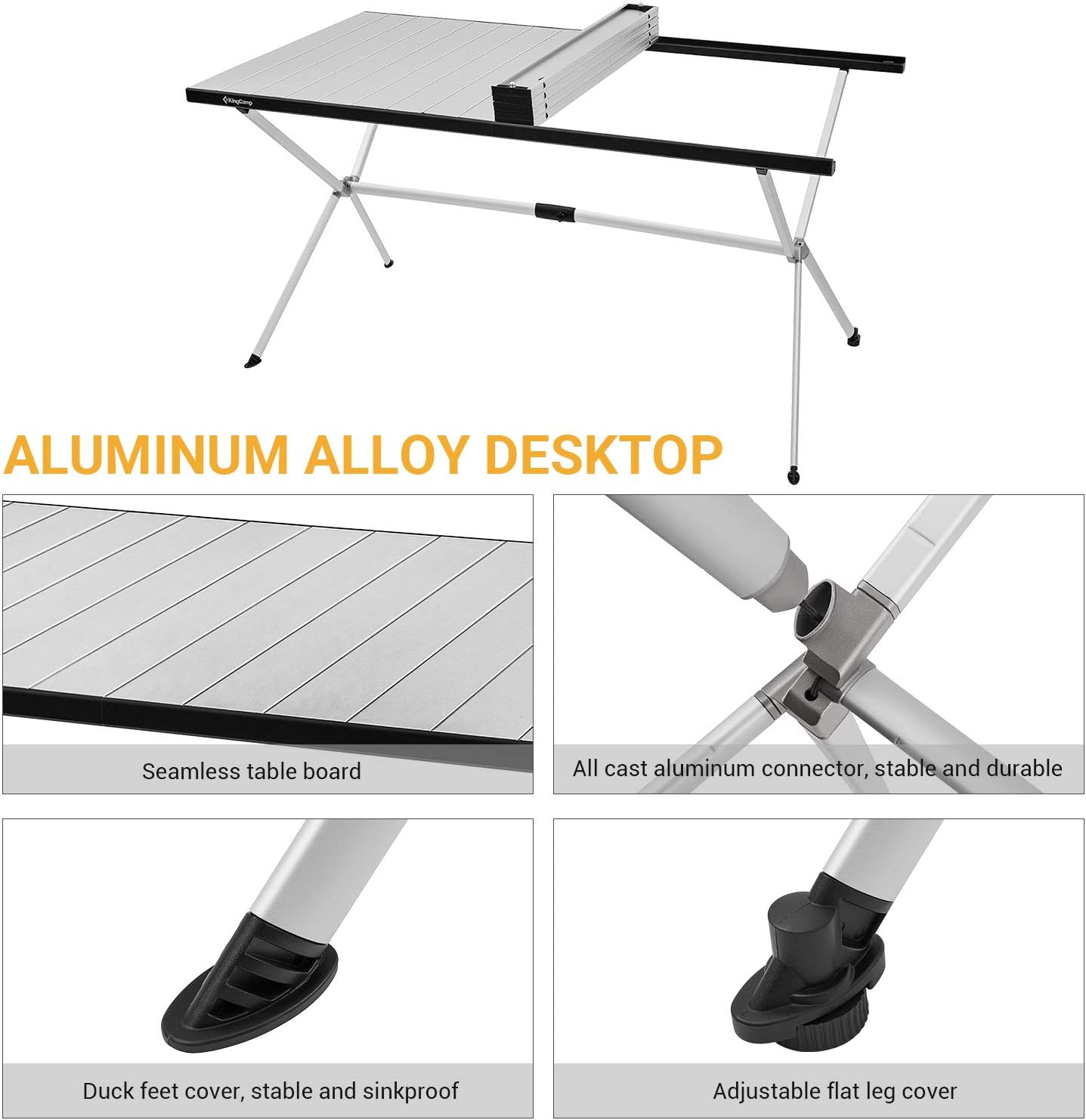 KingCamp Folding Camping Table Aluminum Roll Up Table Oversized Large Camp Table Stable Portable Outdoor Folding Table for Picnic Camping Barbecue Backyard Party,57.4''×31.4''4-6 Person,Support 120lbs