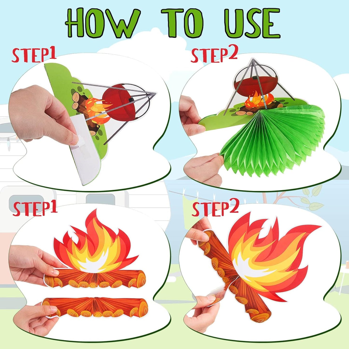 12 Pieces Camping Honeycomb Centerpieces Camping Decorations Party Supplies Campfire Table Centerpieces Adventure Cake Toppers Bears Tent 3D Photo Props Decorations