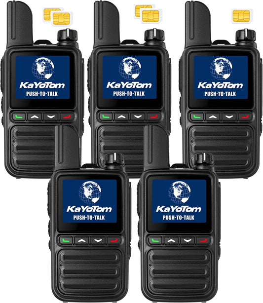 KAYOTOM Lifetime Free Global Walkie Talkies Unlimited Range PTT Push-to-Talk Over Cellular Nationwide POC 4G Handheld Long Range Two Way Radio for Team Management (Black, 5-Pack)