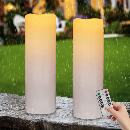 Kimjo 14" x 4" Large Outdoor Candles with Remote: Battery Operated LED Flameless Candles with Timer - Realistic Fake Waterproof Flickering Pillar Candles for Patio Porch Lanterns (White 2 Pack)