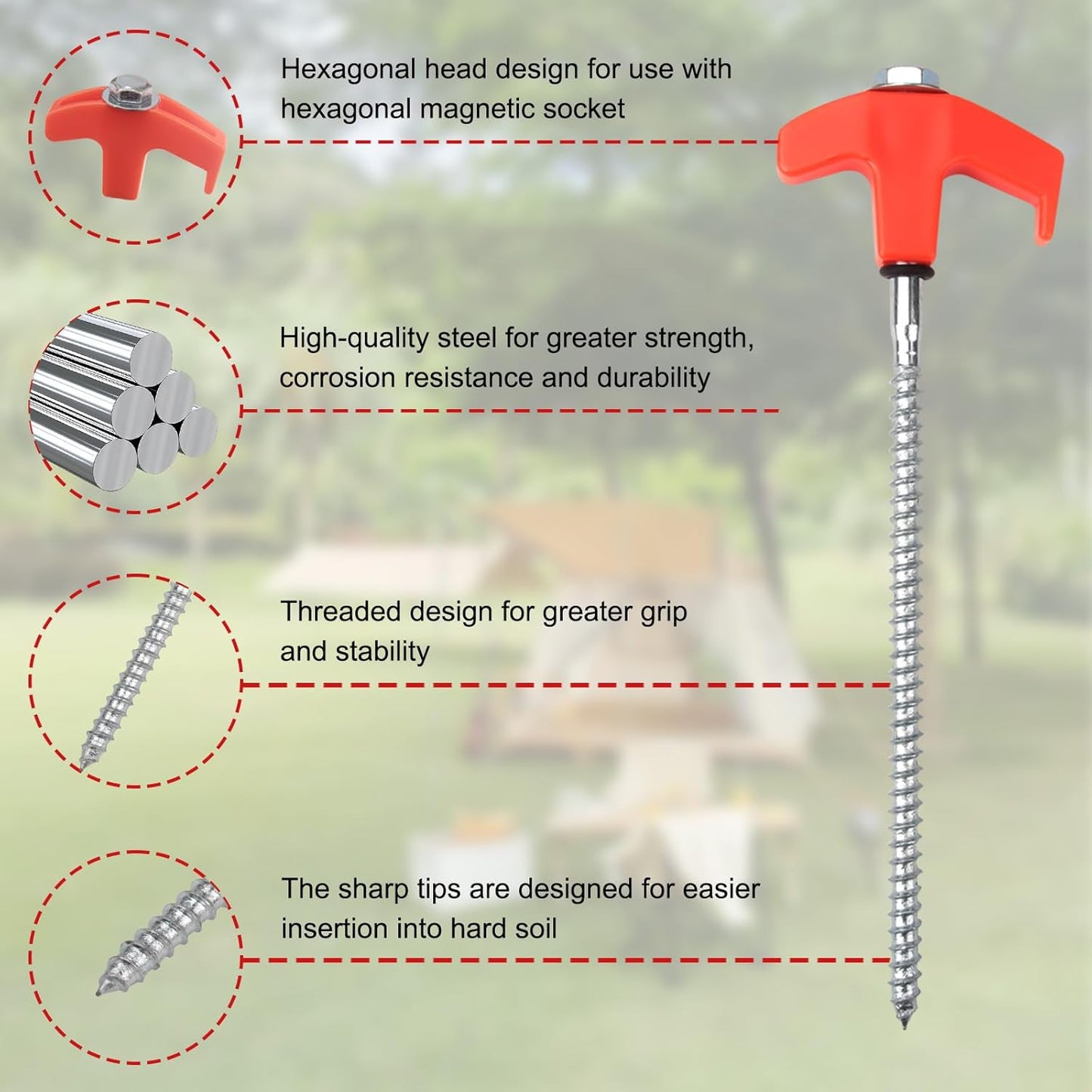 12 Pcs Tent Stakes Heavy Duty, 8 inch Ground Anchors Screw in, Screw in Tent Stakes, Camping Stakes with Storage Box, Threaded Tent Spikes with Hex Head Driver and Stake Puller, Ground Stakes