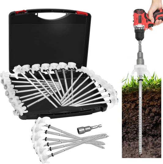 12 Pack 8" Screw in Tent Stakes Heavy Duty- Ground Anchors Screw- Tent Pegs Camping Stakes- Hex Pegs Drillable Tent Stakes and Hexagon Head Drive and Storage Box (White)