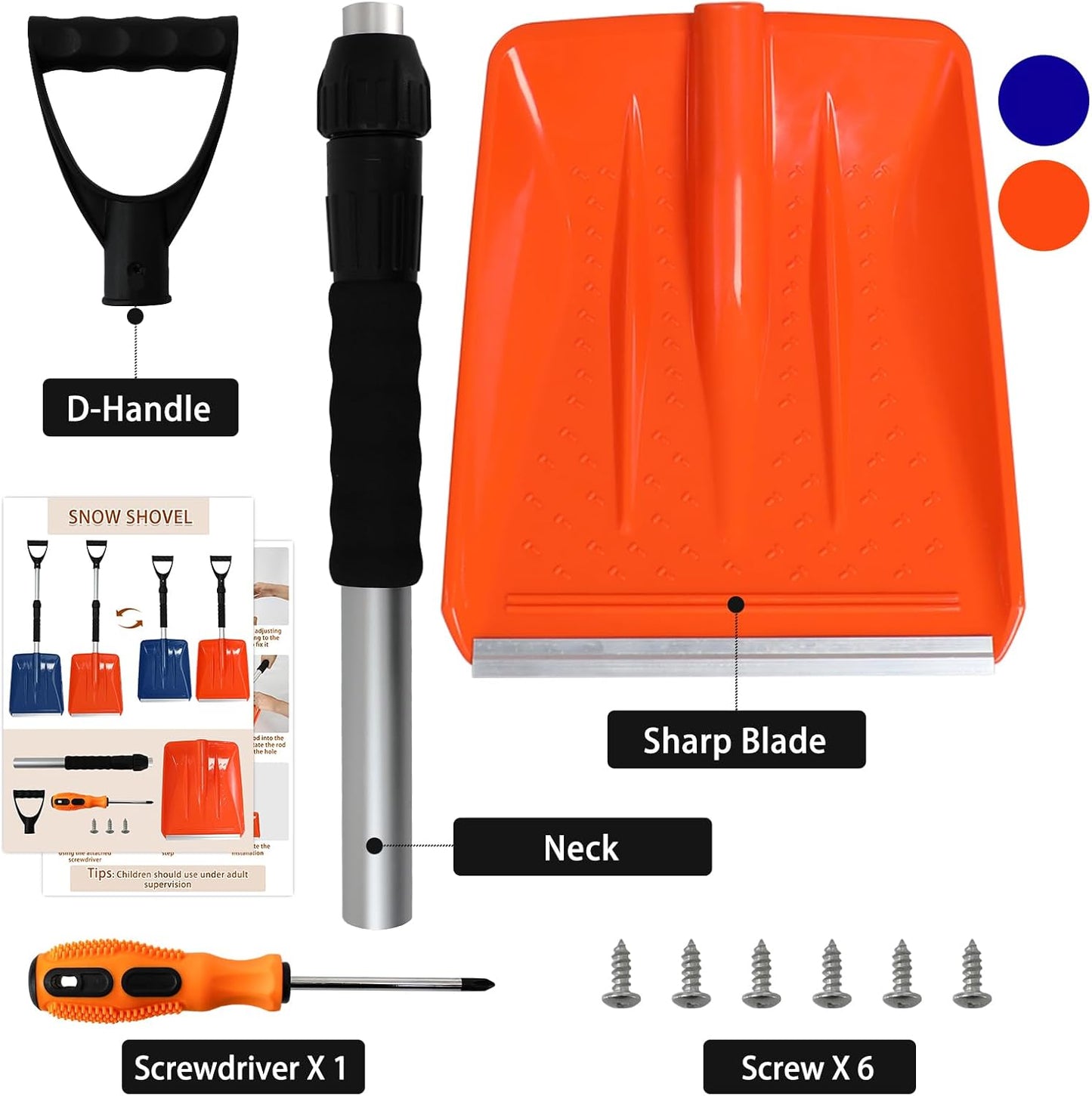 Kids Snow Shovel with D-Grip Handle, Aluminum Blade, Toddler Snow Shovel for Car Trunk, Emergencies, Driveways, and Car Snow Removal. (Age 3+, 2 Packs)