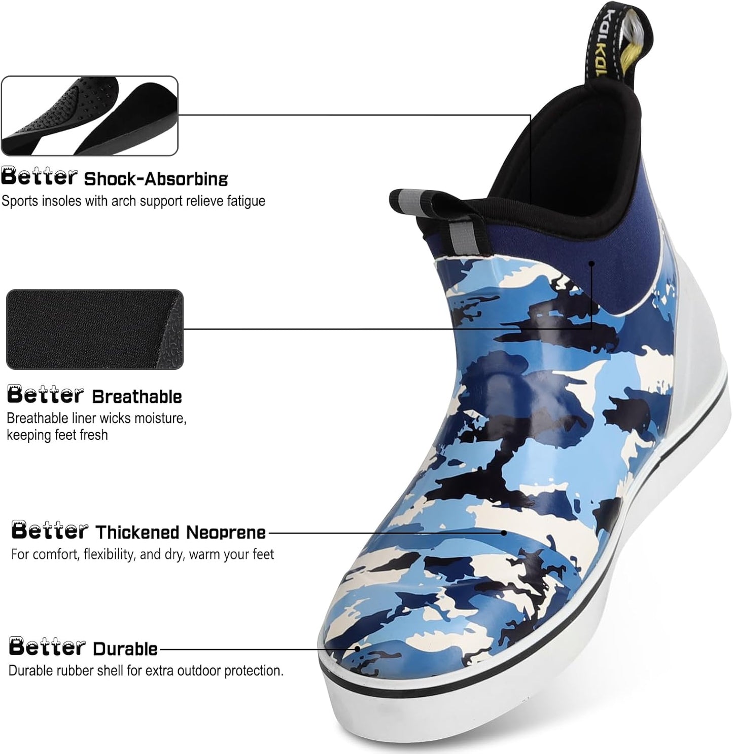 Kalkal Men's Deck Boots, Waterproof Fishing Rain Boots with High Traction, Men's Rubber Boots For Gardening Fishing Boating Camping Sailing