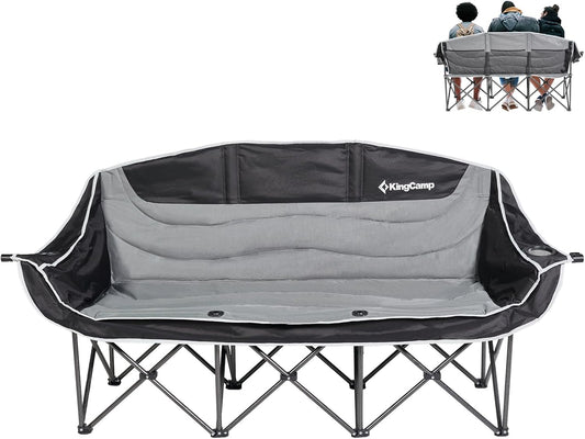 KingCamp 3 Person Camping Chair, Oversized 660lbs Heavy Duty Loveseat for Adults Portable Folding XL 2 Person Couch Padded Comfortable Three Seat with Cup Holder for Outdoor Lawn Backyard, Black/Grey